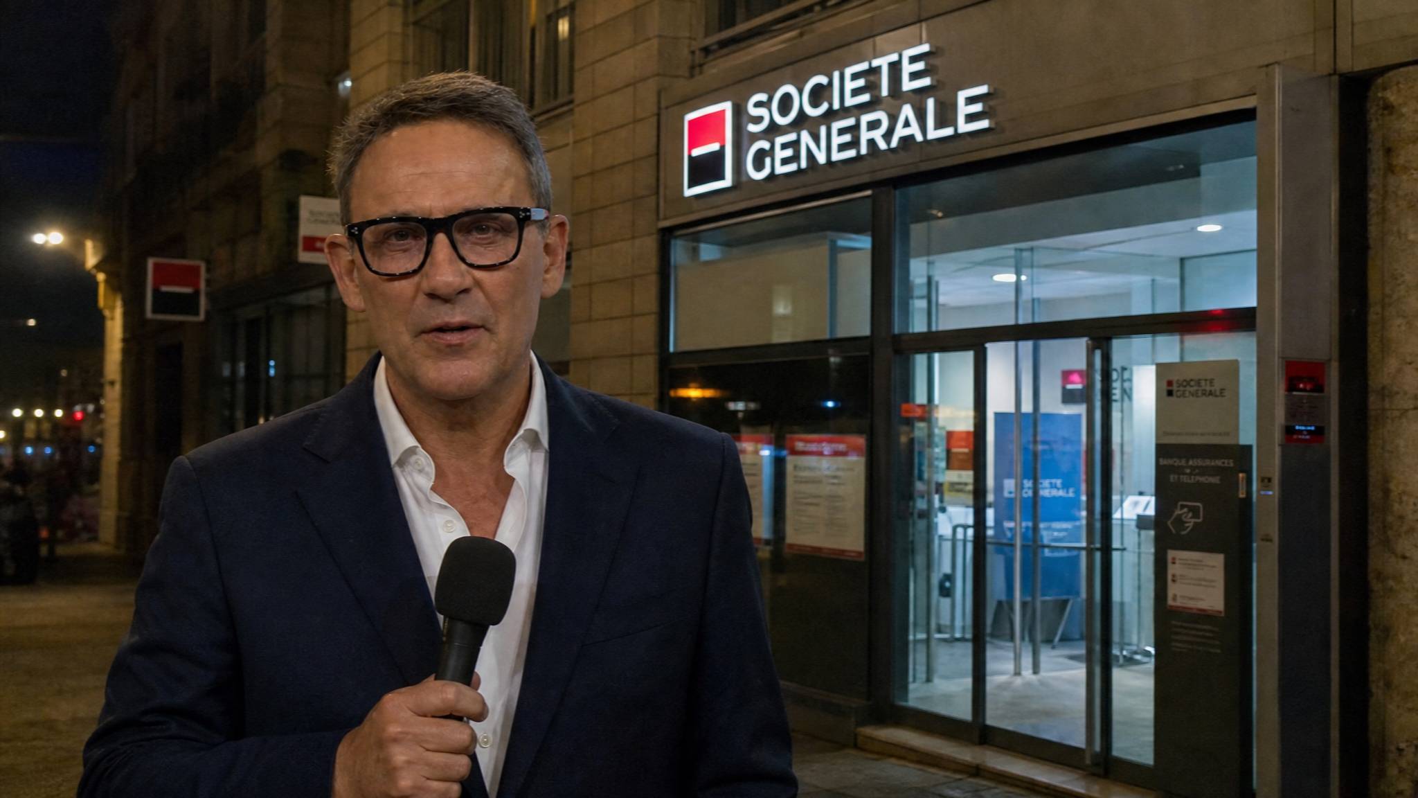 Julien Courbet devant l'agence Société Générale, micro à la main
